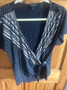 Lucky Brand Navy Blue Short Sleeve Wrap Top with Striped V-Neck
